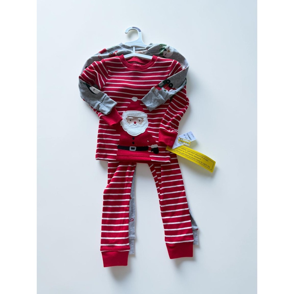 Carters Toddler 2T Christmas Pajama Set 4 Piece Santa Penguin Red Gray Stripe